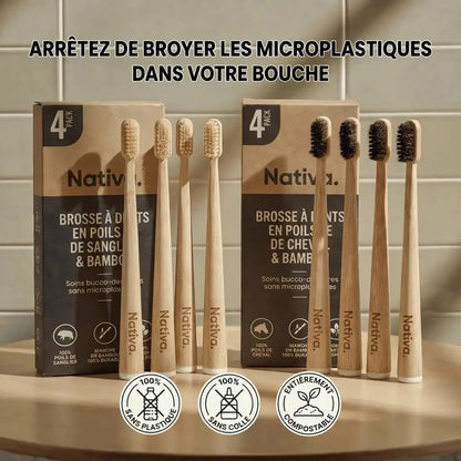 Brosse à dents en poils de sanglier ou crin de cheval (lot de 4)