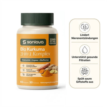 Sanlava Bio-Kurkuma 2250 mg | Unterstützt eine gesunde Nierenfiltration & hilft, entzündliche Ablagerungen auszuspülen