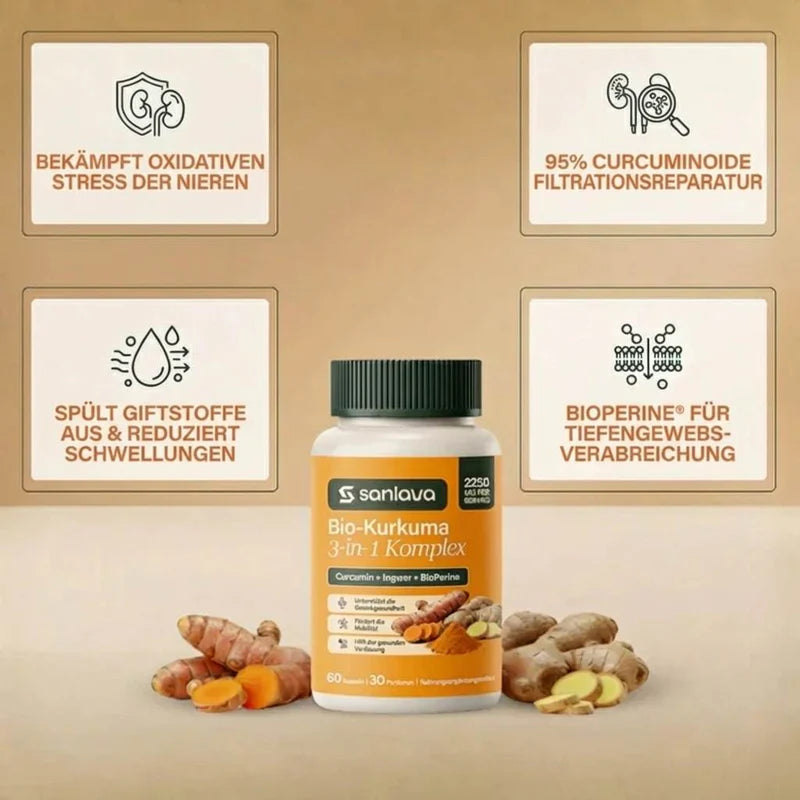 Sanlava Bio-Kurkuma 2250 mg | Unterstützt eine gesunde Nierenfiltration & hilft, entzündliche Ablagerungen auszuspülen