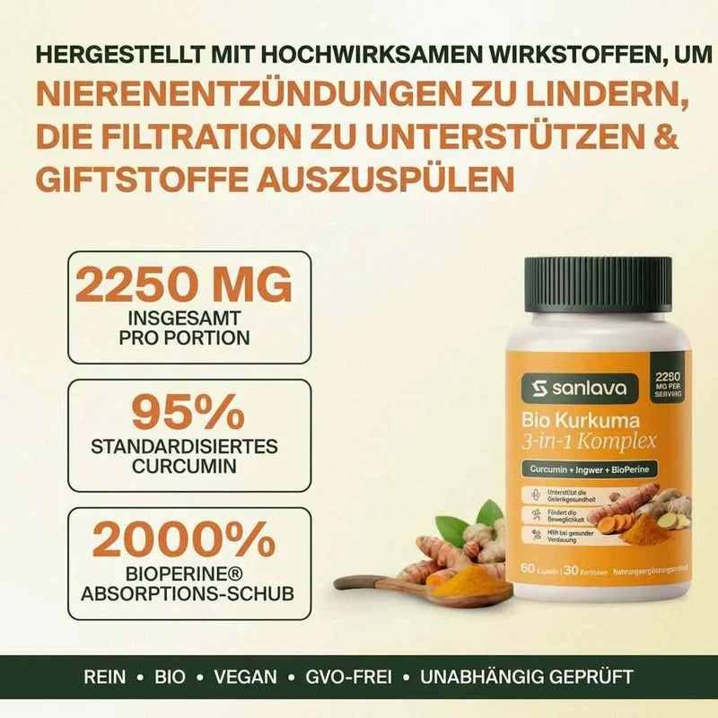 Sanlava Bio-Kurkuma 2250 mg | Unterstützt eine gesunde Nierenfiltration & hilft, entzündliche Ablagerungen auszuspülen